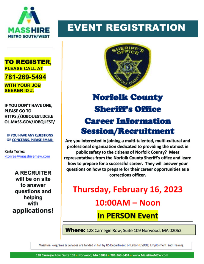 Norfolk County Sheriff's Office Career Information Session Event flyer jpeg