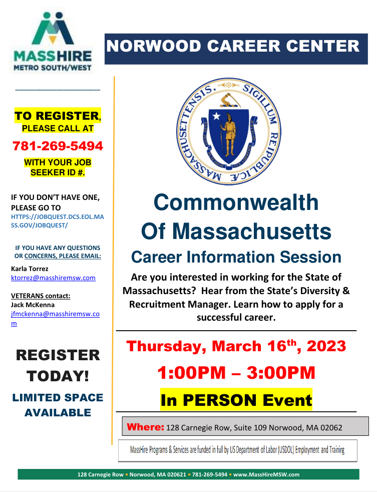 Commonwealth of Massachusetts Career Information Session flyer