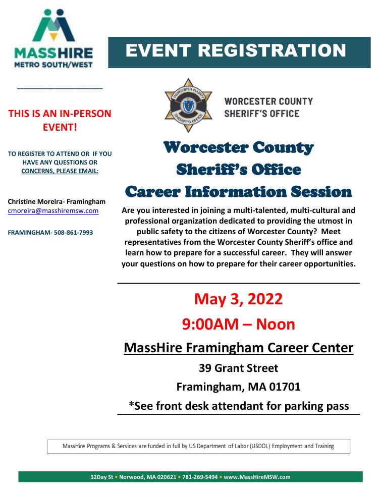 Worcester County Sheriff's Office Career Information Session Event flyer jpeg