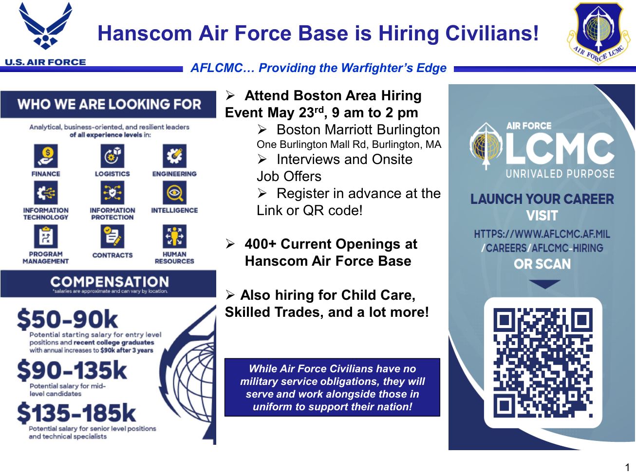 Hanscom Air Force Base Hiring Event flyer