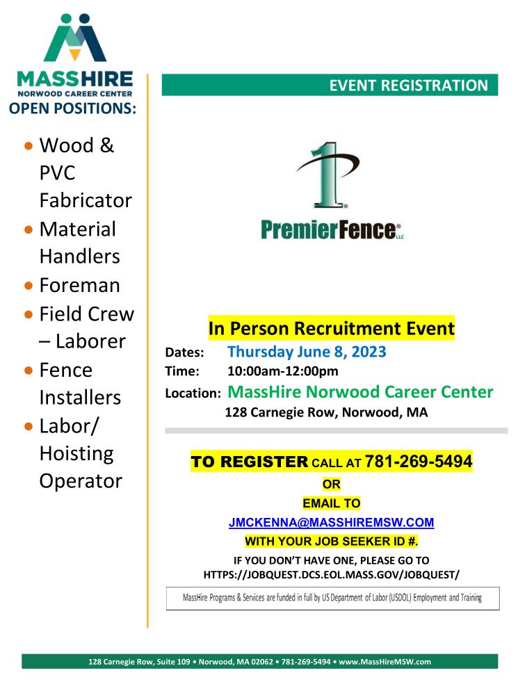 Premier Fence In-Person Recruitment Event flyer jpeg