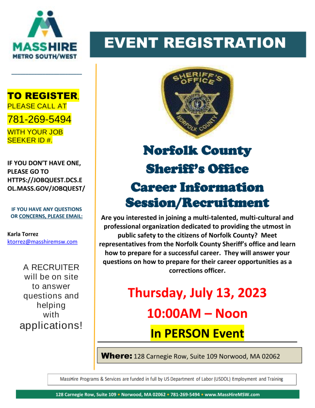 Norfolk County Sheriff's Office Career Information Session Event flyer image